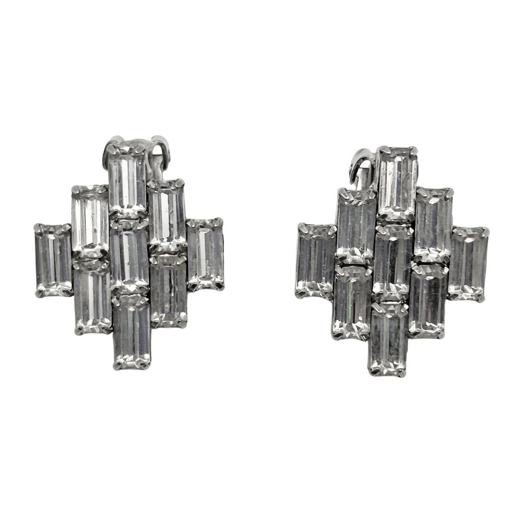 Vintage Signed Garne Clear Baguette Rhinestone Clip Earrings 50s 60s Art Deco